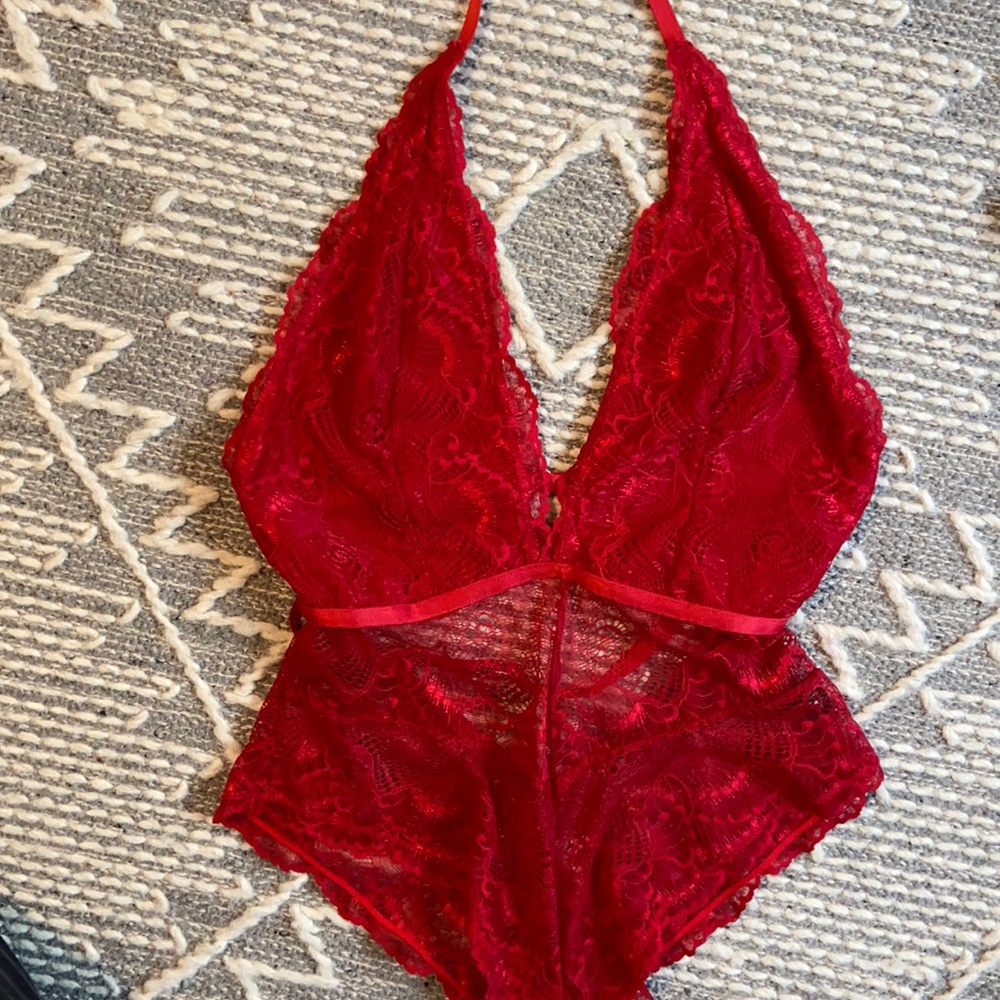Red Lace halter top bodysuit from Dynamite
